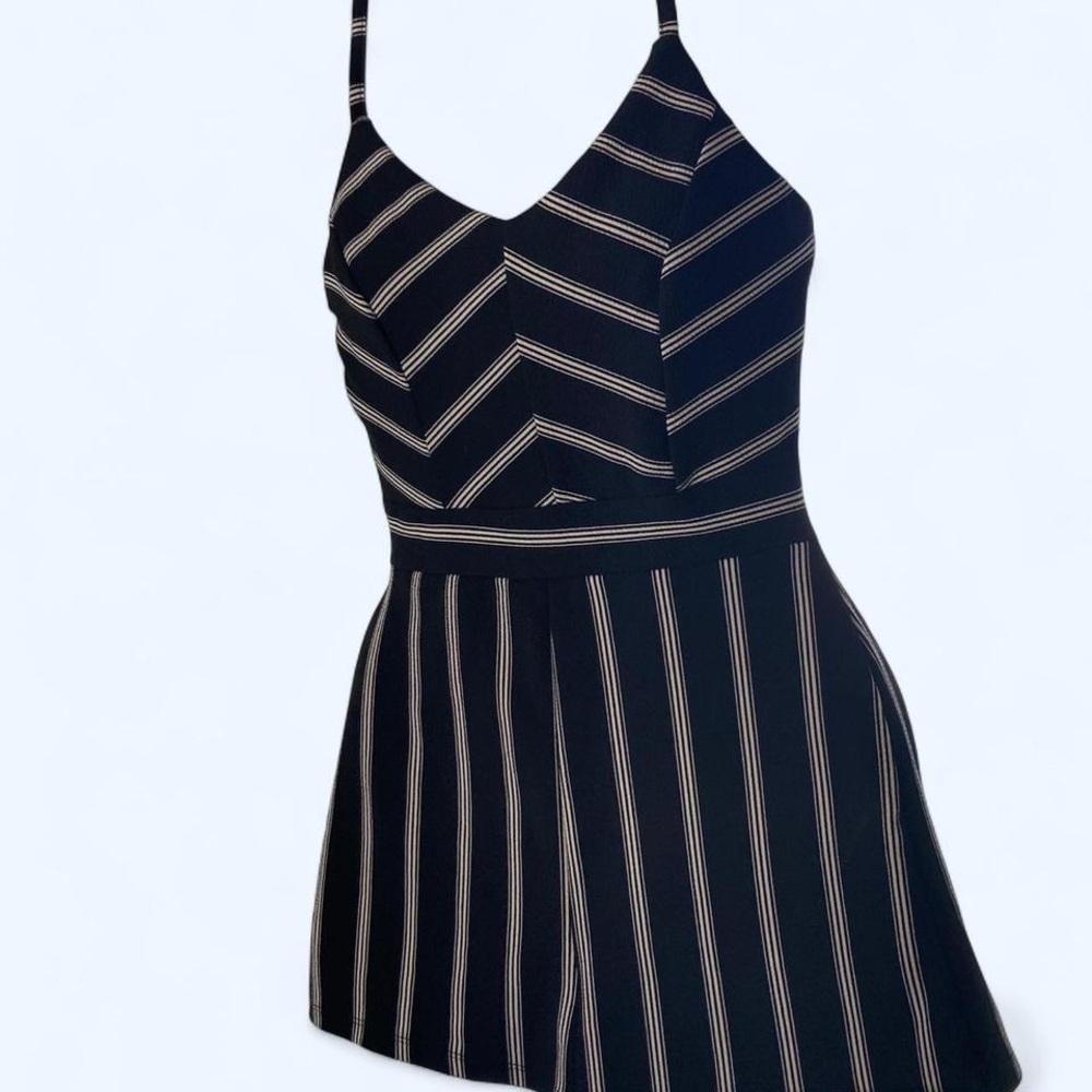 Almost Famous Black and White Striped Romper Shorts with lace back detail M